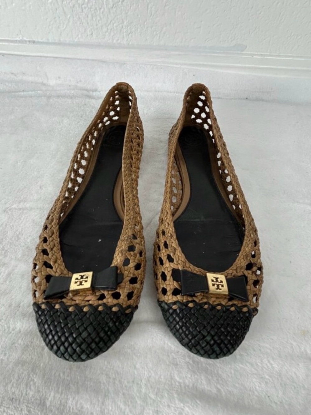 Tory Burch Brown Woven Flats with Black Toe Cap and Bow